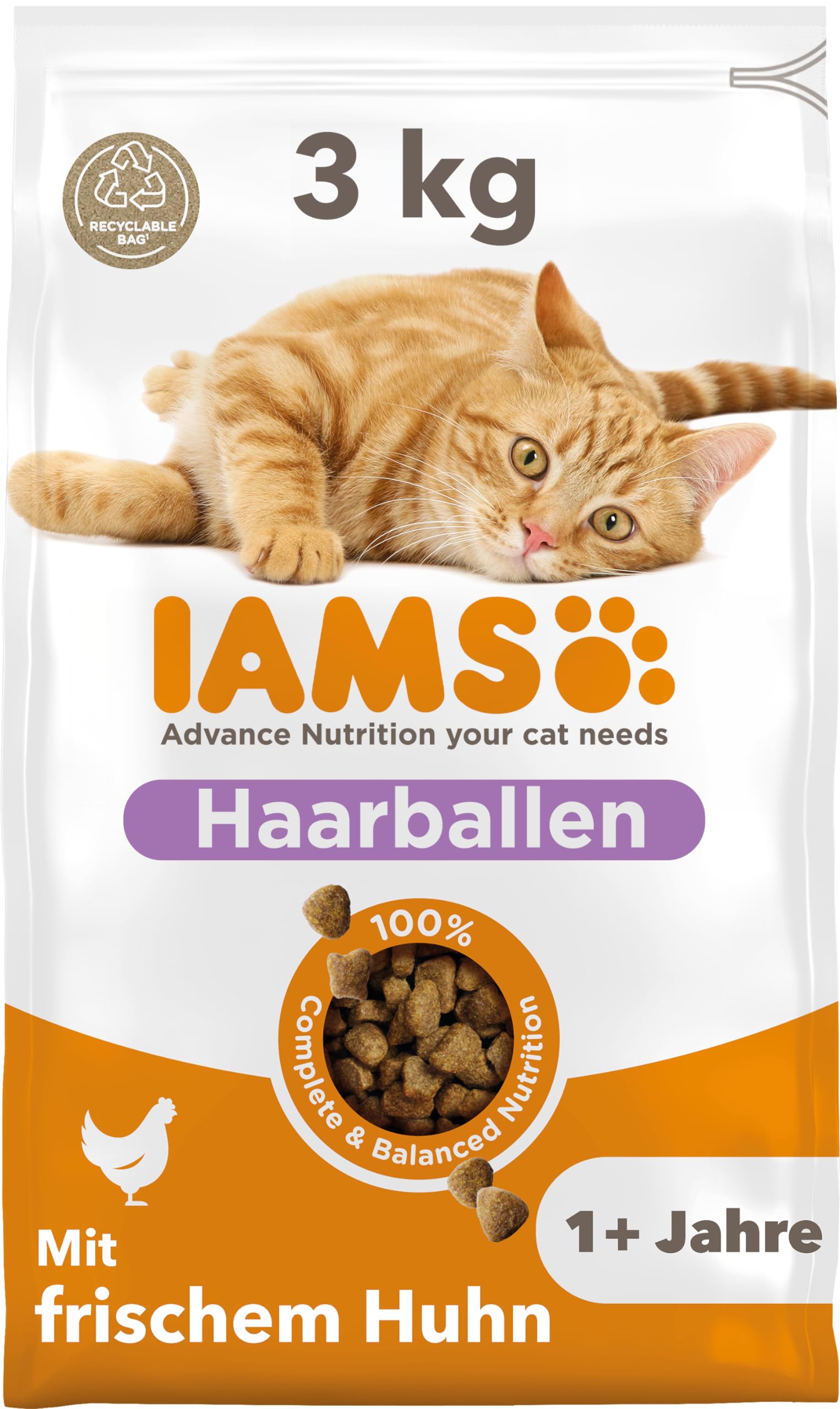 IAMS Anti-Haarballen Katzenfutter trocken mit Huhn – Trockenfutter für Katzen ab 1 Jahr, 3 kg