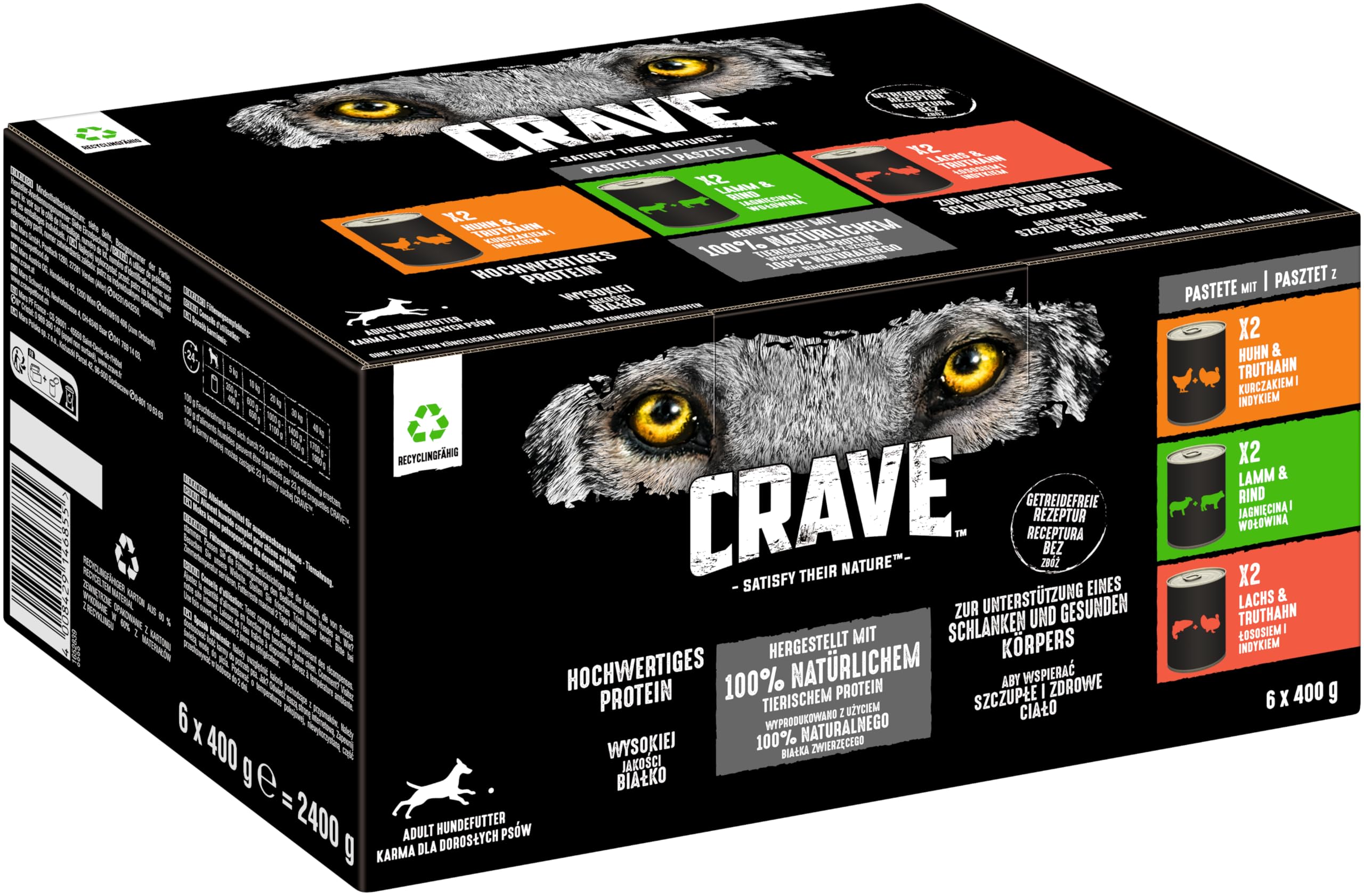 Crave Adult Hundenassfutter in Pastete, 6 Dosen, 6x400g – Hundefutter nass in 3 verschiedenen Varietäten hergestellt mit 100 Prozent natürlichem Protein ohne Zusatz von Getreide