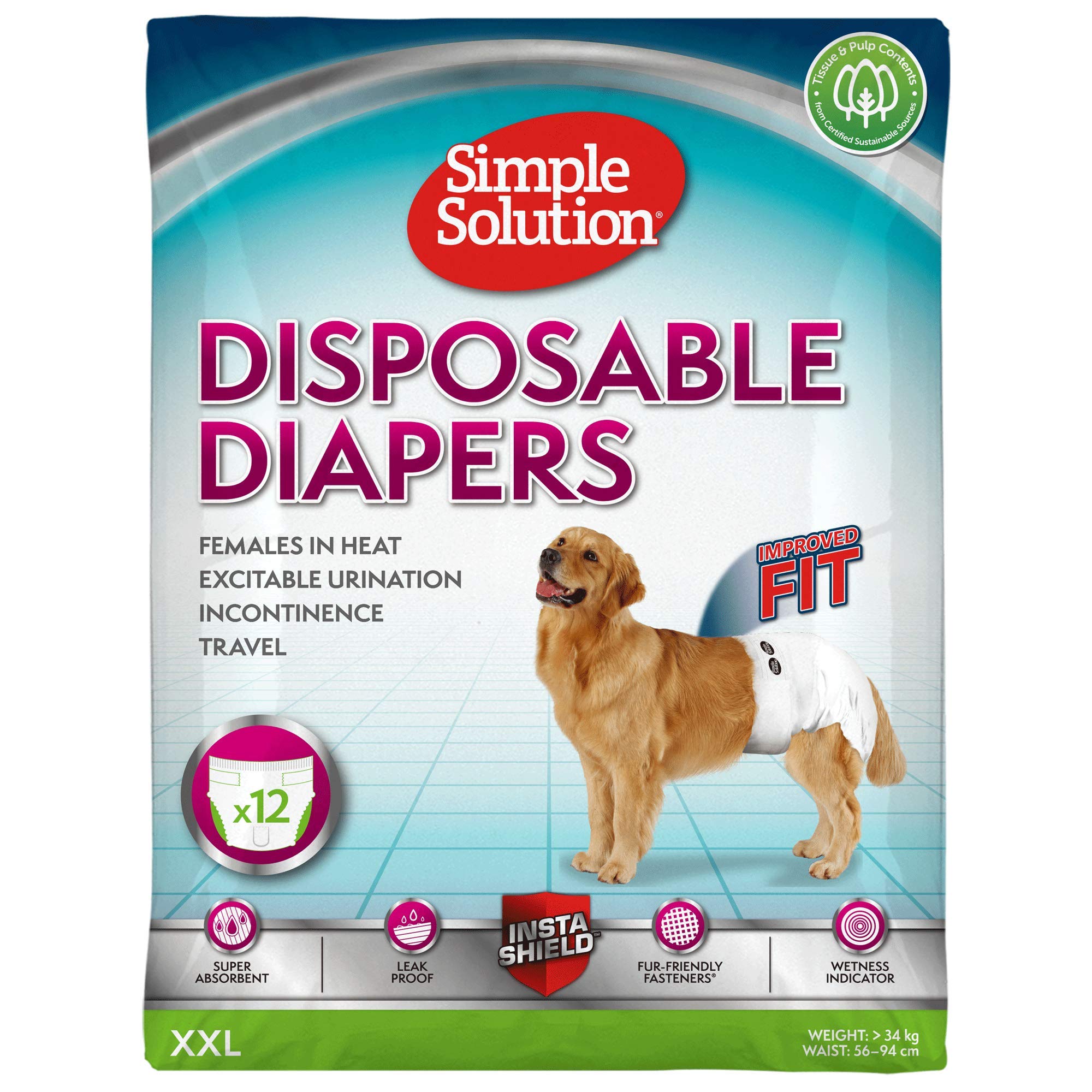 Simple Solution Einweg-Hundewindeln für Hündinnen, super saugfähig und auslaufsicher mit Nässeindikator für erregbares Urinieren, Inkontinenz oder läufige Hündinnen – 12er Pack