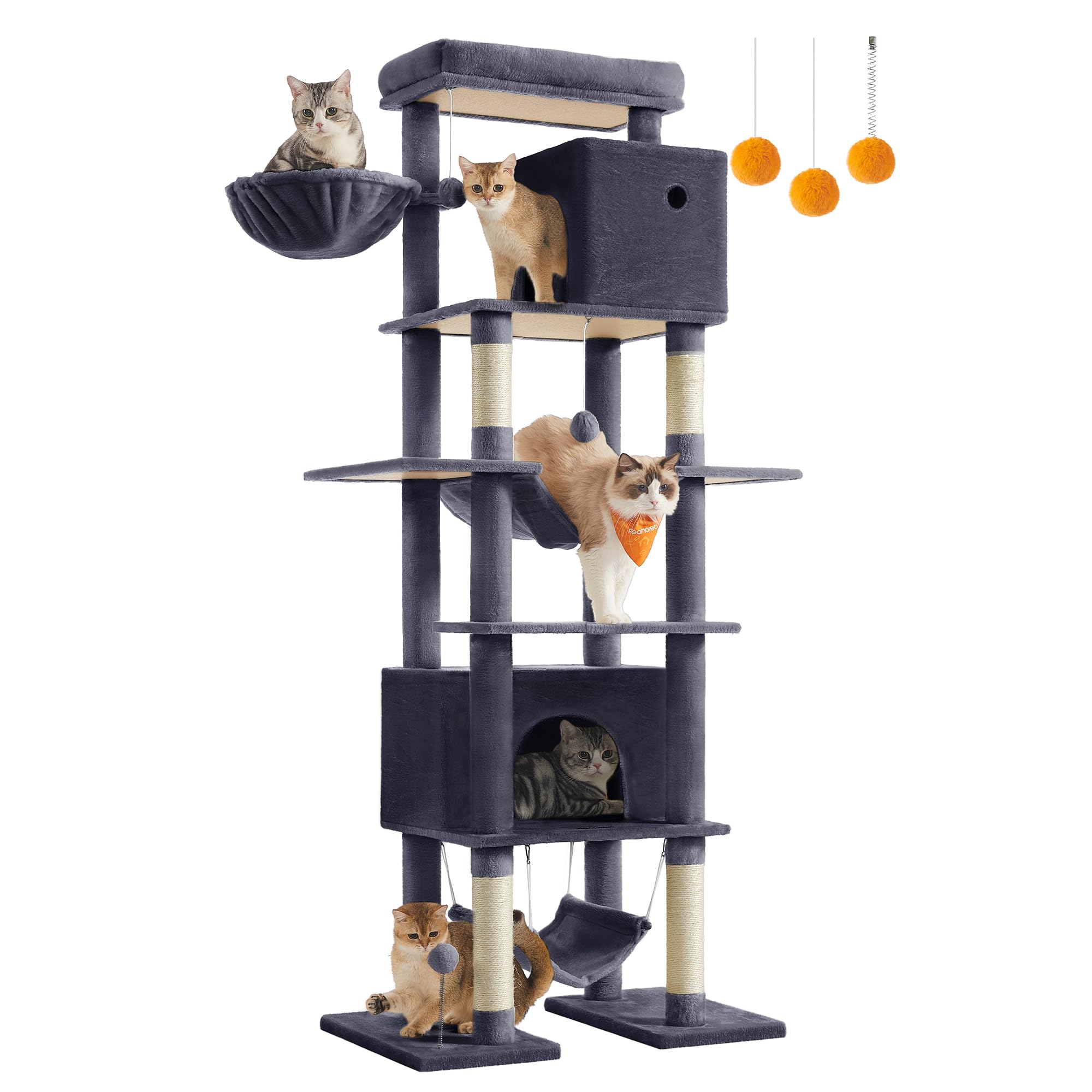 Feandrea Kratzbaum groß, Katzenbaum XXL, mehrstöckiger Katzenkratzbaum, 201 cm hoch, mit Einer Plattform, Einer Liegemulde, 2 Katzenhöhlen, 2 Hängematten, Kippschutz, dunkelgrau PCT195G02