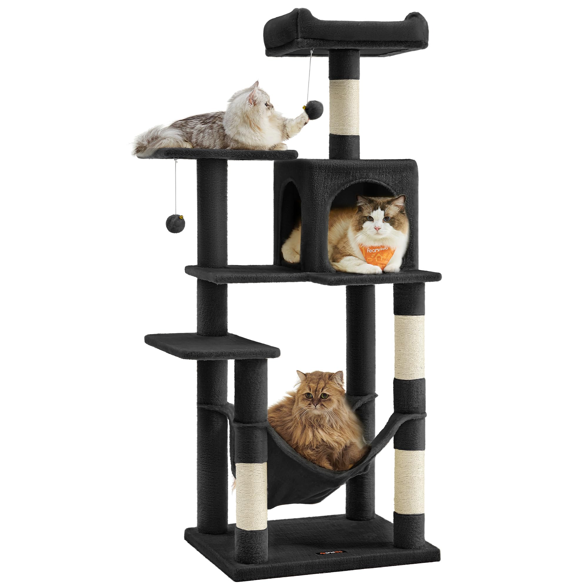 Feandrea Kratzbaum, 143 cm hoch, Katzenbaum, mehrstöckiges Katzenhaus, mit 4 Kratzsäulen, 2 Plattformen, Hängematte, Höhle, tintenschwarz PCT161B01