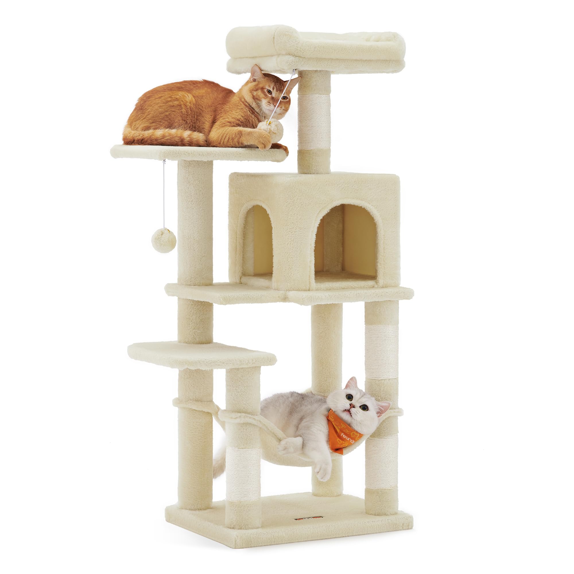 Feandrea Kratzbaum, 112 cm hoch, Katzenbaum, mehrstöckiges Katzenhaus, mit 4 Kratzsäulen, 2 Plattformen, Hängematte, Höhle, beige PCT261M01