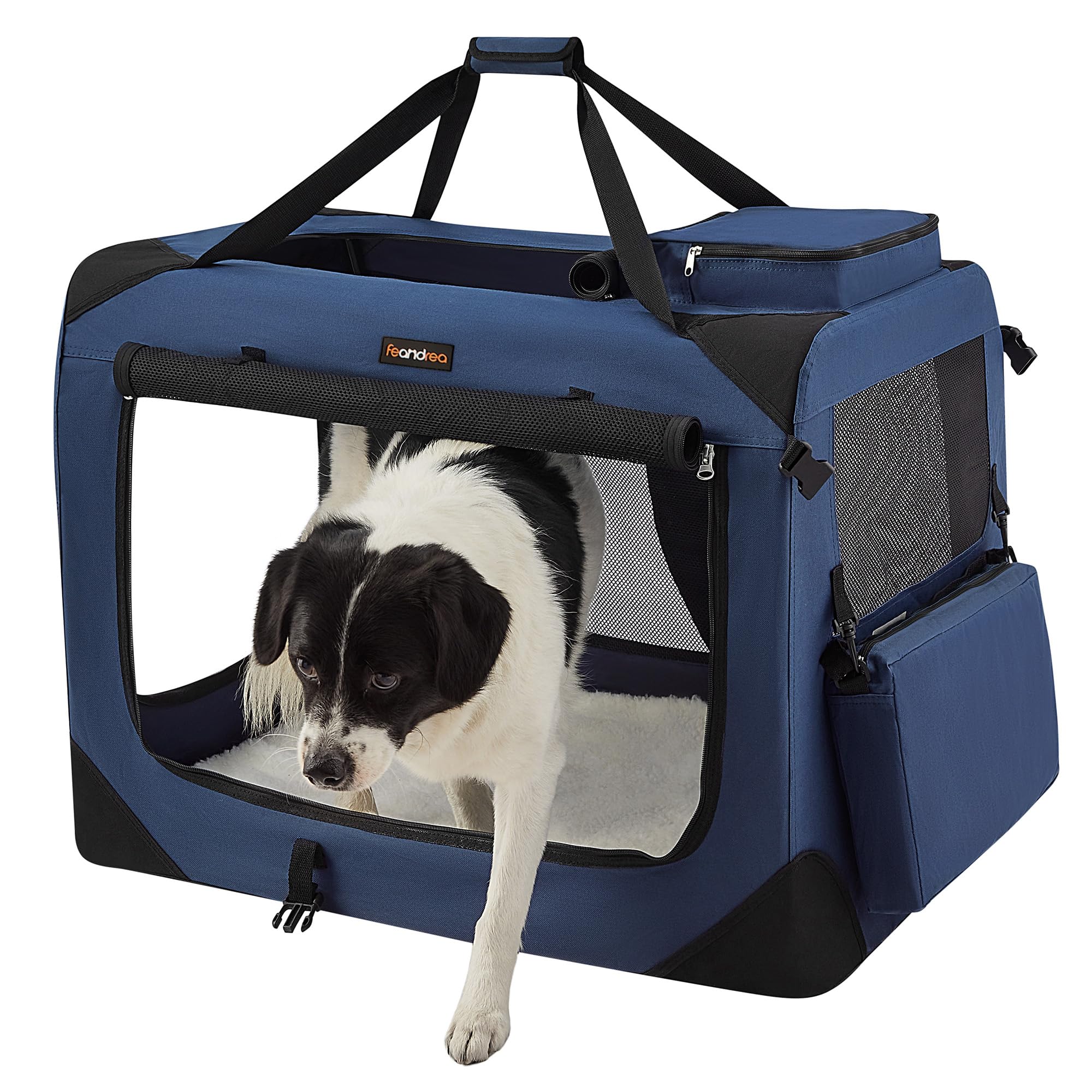 Feandrea Hundebox faltbar, Transportbox Hund, XL, Hundetasche, Oxford-Gewebe, Netzstoff, atmungsaktiv tragbar transportabel, Metallrahmen, mit Griffen, Taschen, 81 x 58 x 58 cm, dunkelblau PDC80Z